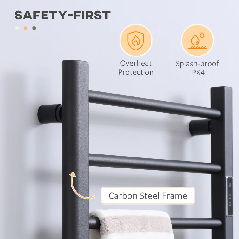 Black heated towel rack with carbon steel frame and safety features icons showing overheat and splash-proof protection.