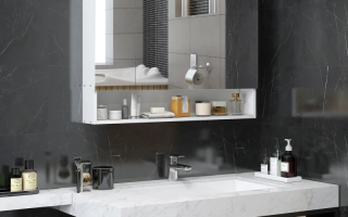 Modern bathroom vanity with large mirror cabinet and marble countertop