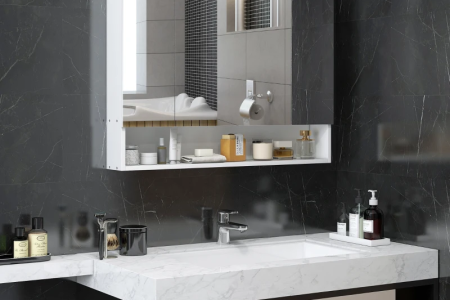 Modern bathroom vanity with large mirror cabinet and marble countertop