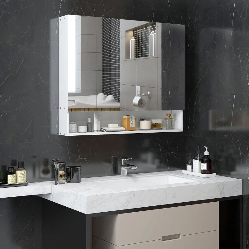 Modern bathroom vanity with large mirror cabinet and marble countertop