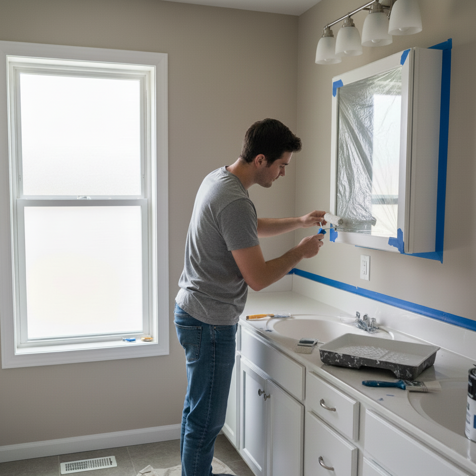 Man painting medicine cabinet frame in bright bathroom space