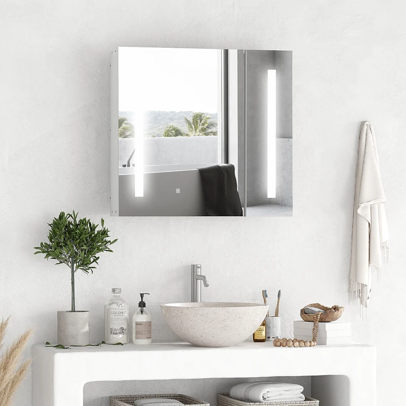 Bathroom mirror cabinet with LED lighting and countertop sink