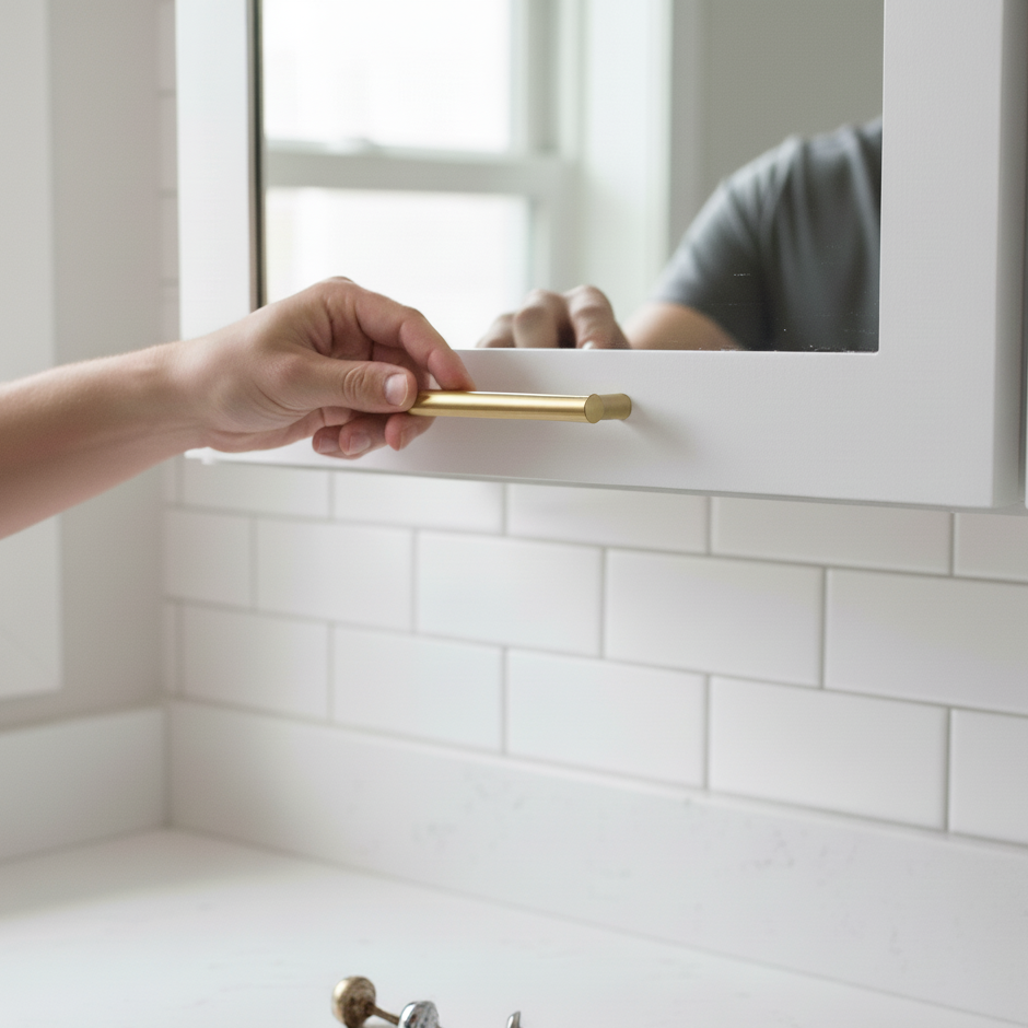 Hand installing gold handle on white medicine cabinet door