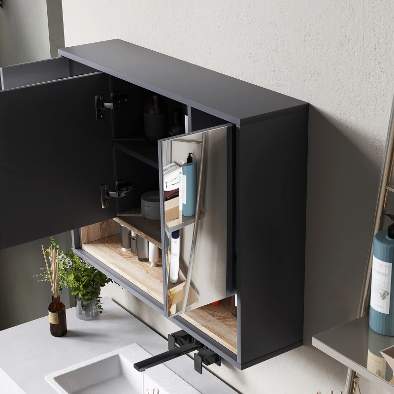 Black mirrored bathroom cabinet with wood shelf and modern faucet