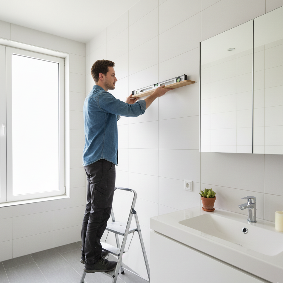 Man leveling wooden shelf above sink in bright tiled bathroom