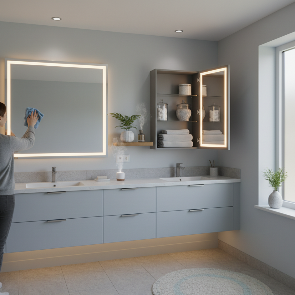 Person cleaning illuminated bathroom mirror above double vanity