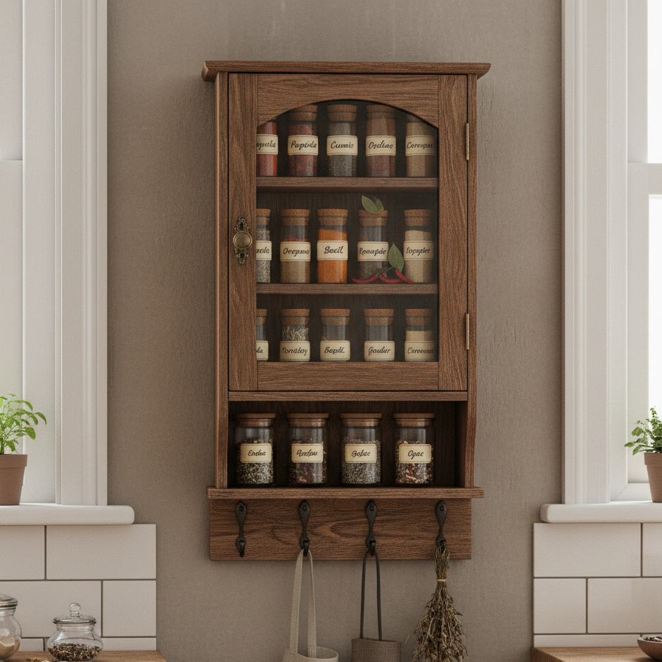 Wooden cabinet repurposed into rustic spice and herb rack