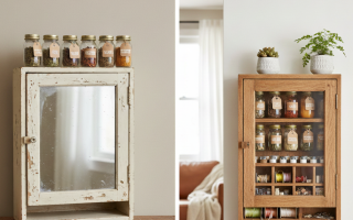 Before-and-after transformation of repurposed vintage medicine cabinets