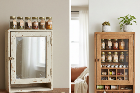 Before-and-after transformation of repurposed vintage medicine cabinets