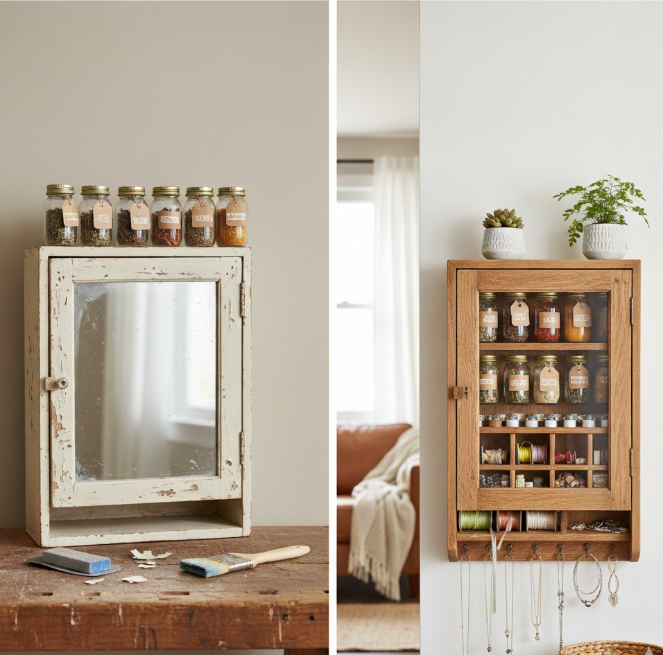 Before-and-after transformation of repurposed vintage medicine cabinets