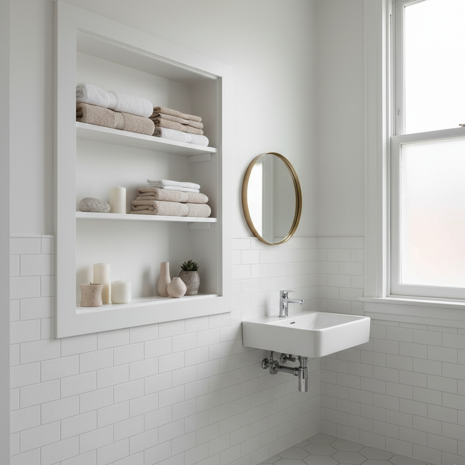 Minimalist white bathroom with built-in open shelves for towels and décor items.