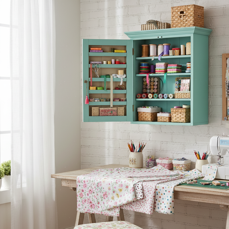 Teal wall cabinet turned into colorful craft supply organizer