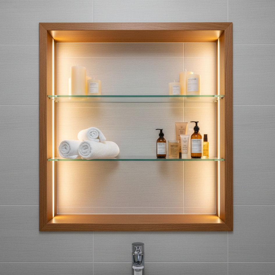 Modern lighted bathroom niche shelf with wooden frame and glass