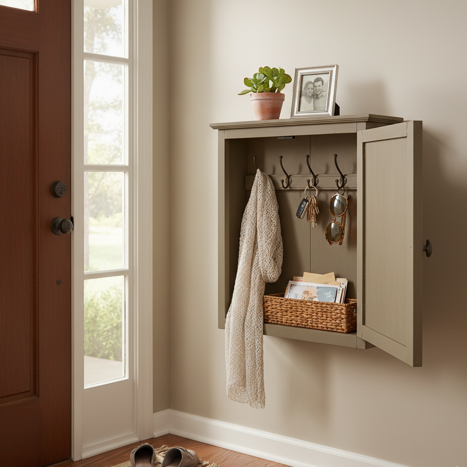 Wall cabinet near door repurposed to hold keys and accessories