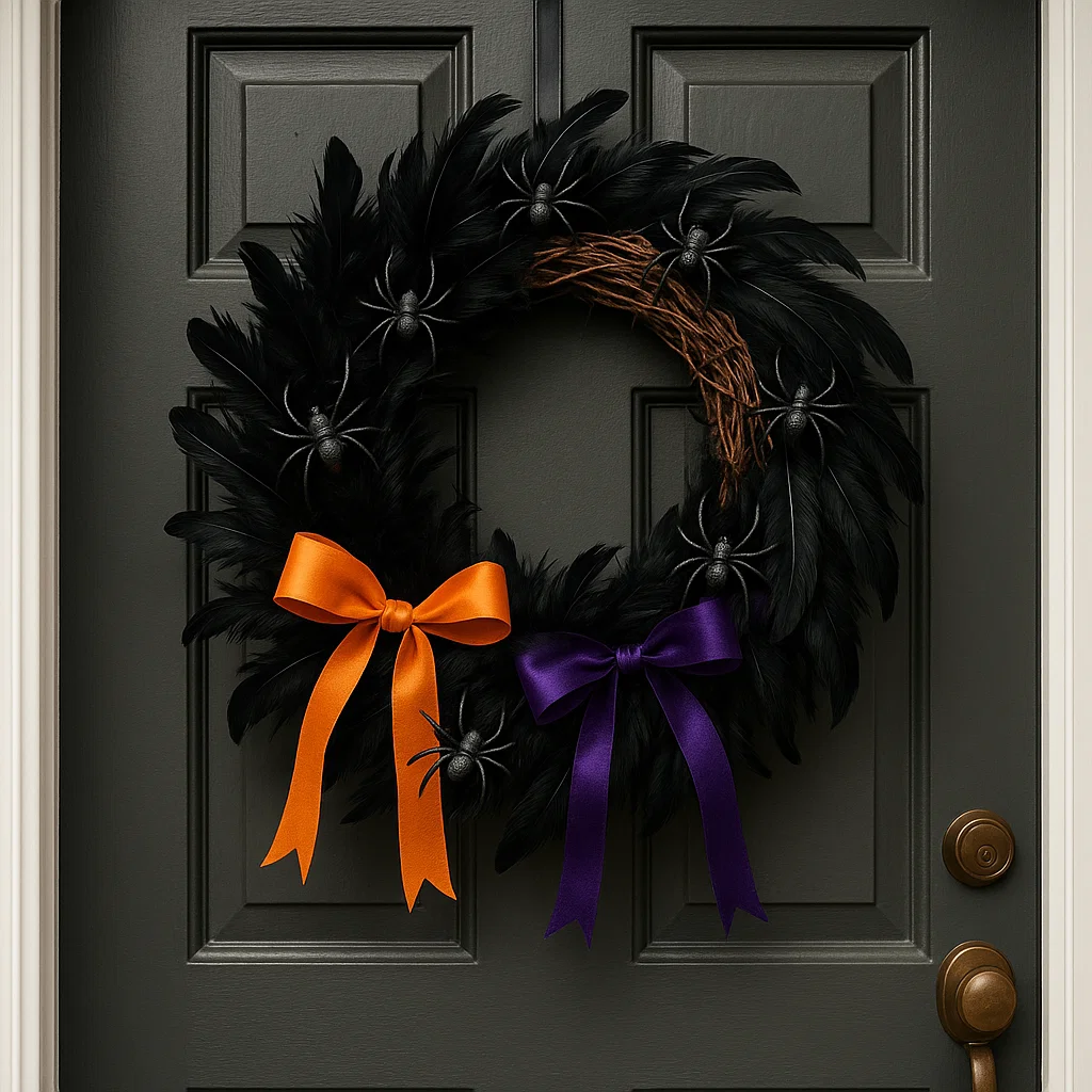 Black feather Halloween wreath with spiders and bright bows.