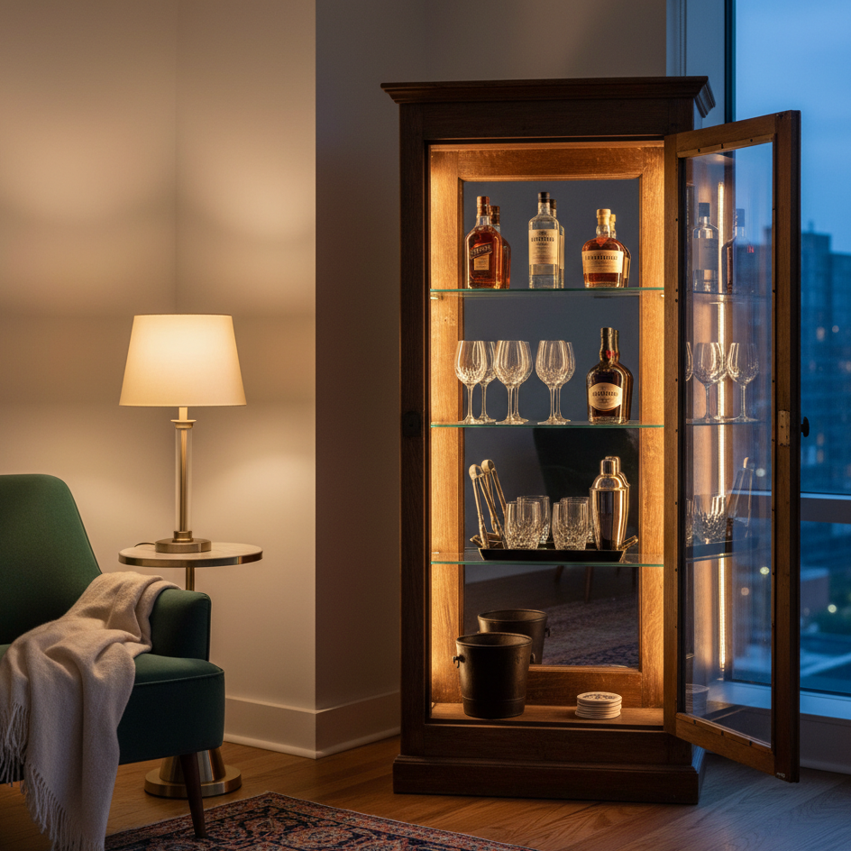 Wood and glass cabinet converted into an illuminated mini bar