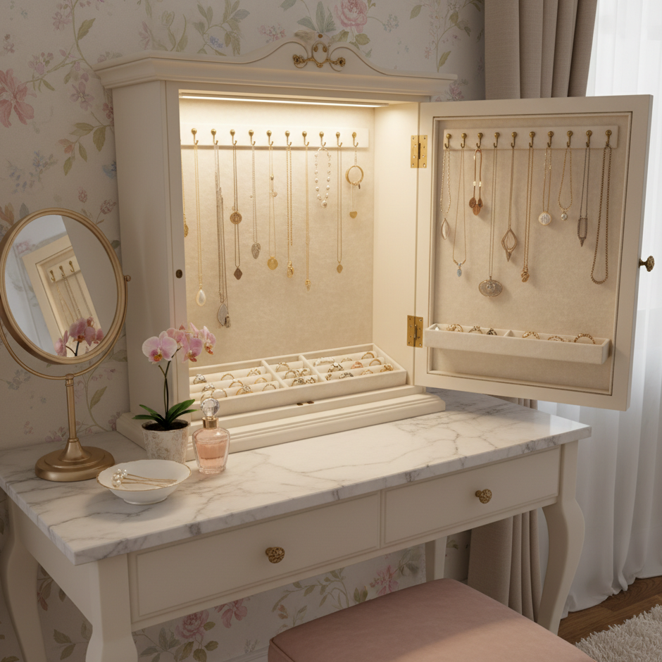 Elegant wall cabinet transformed into a lighted jewelry organizer