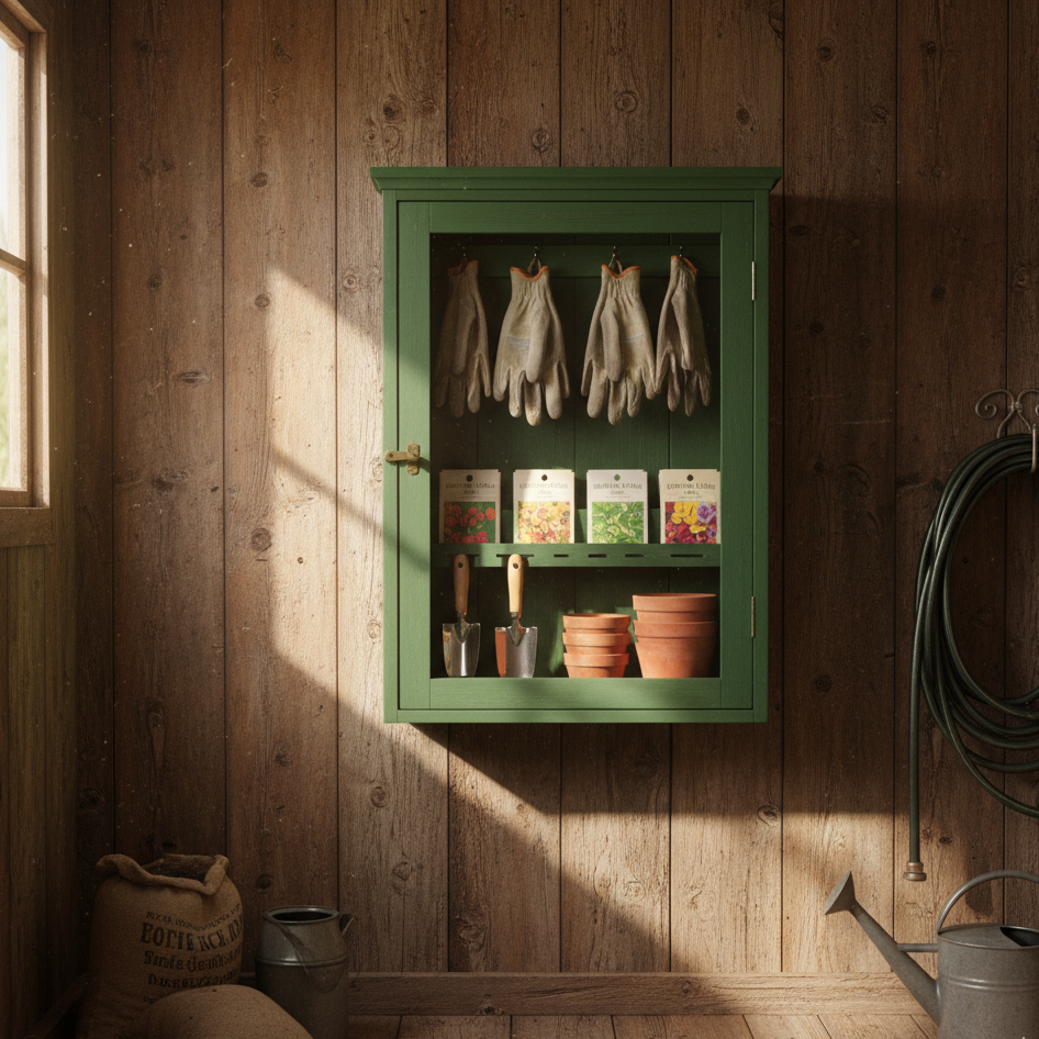 Green cabinet used for storing garden gloves and seed packets