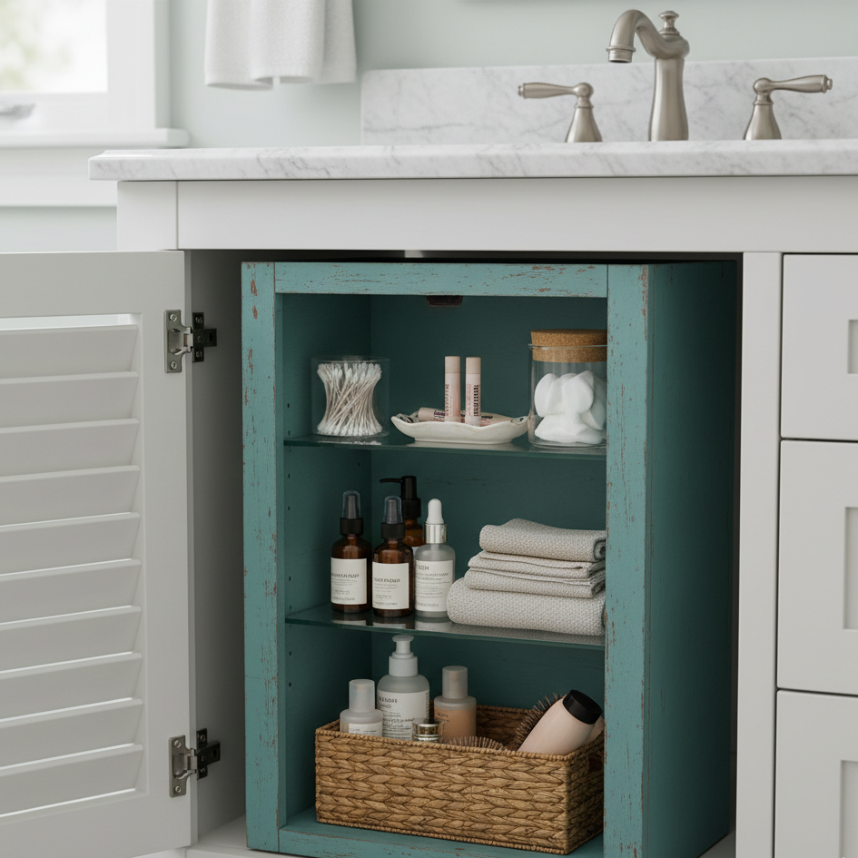 Teal cabinet under sink repurposed for organized bathroom storage