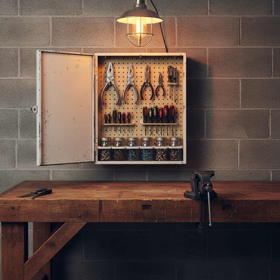 Wall-mounted cabinet holding tools, screwdrivers, and hardware jars