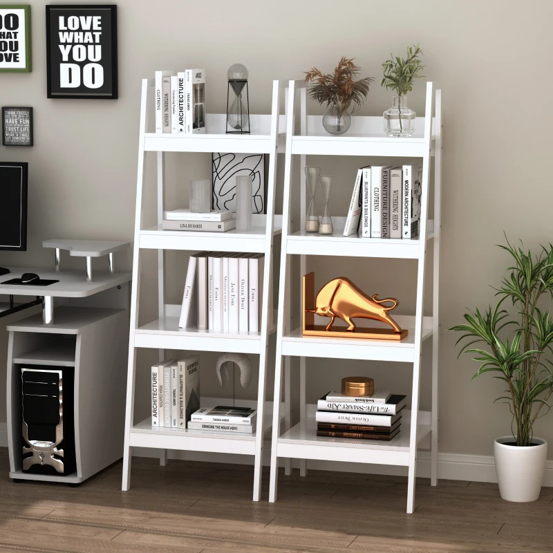 Modern white ladder bookshelves with books, vases, and golden décor in stylish home office.