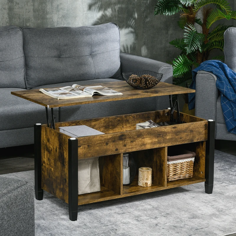 Rustic lift-top coffee table with hidden storage space for books and décor items.