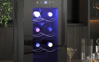 Modern wine cooler with blue LED lighting displaying wine bottles