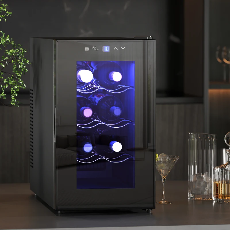 Modern wine cooler with blue LED lighting displaying wine bottles