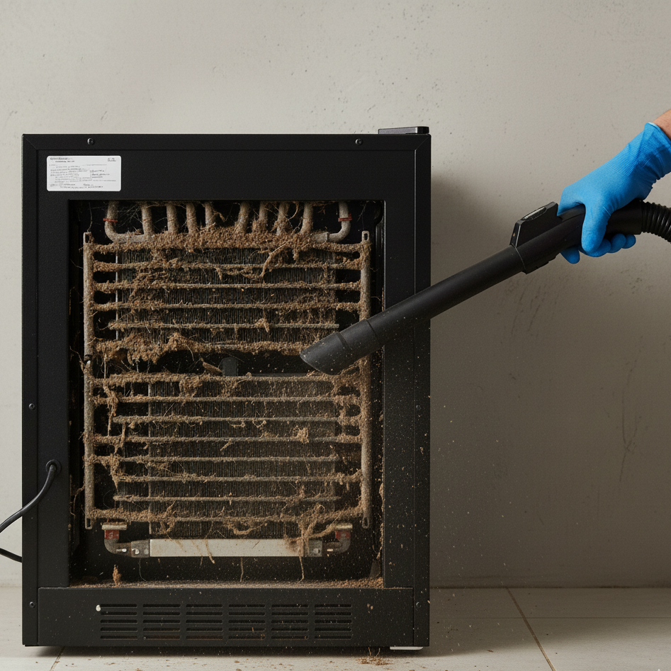 Vacuum cleaning dusty condenser coils on back of wine cooler