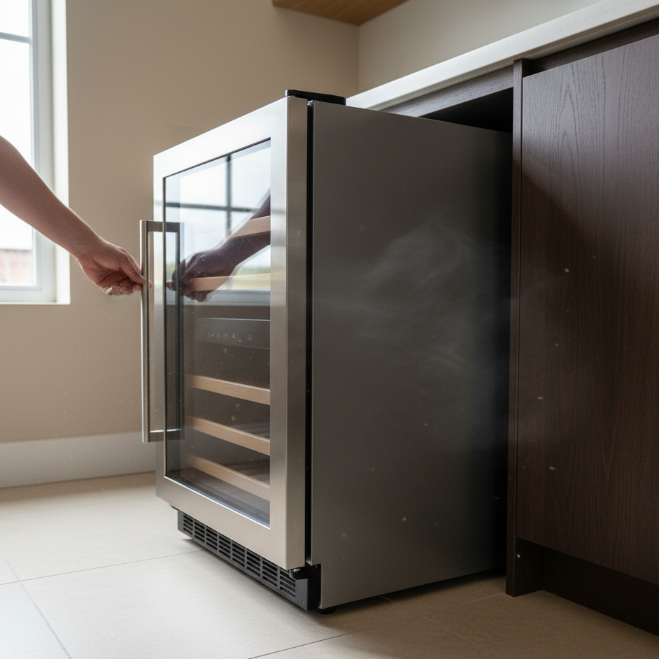 Person opening built-in wine cooler for airflow and ventilation