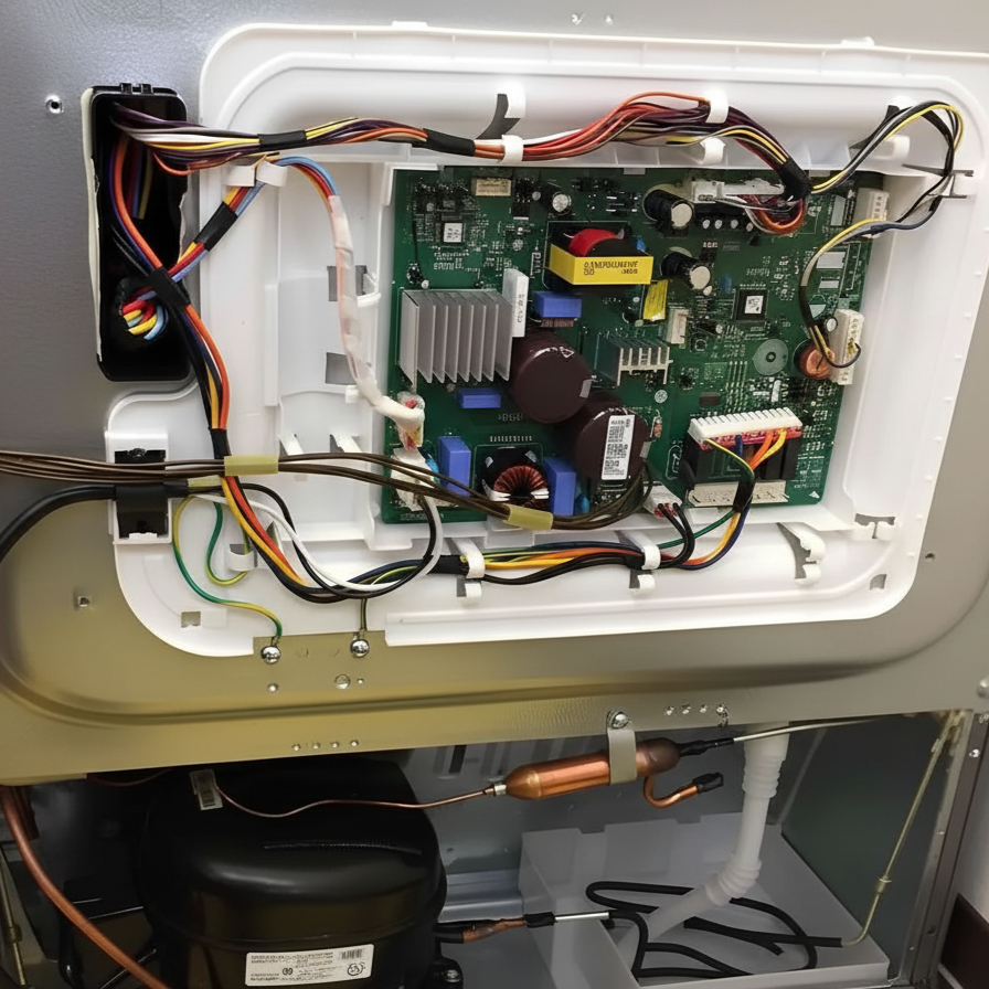 Opened appliance showing internal control board and wiring system