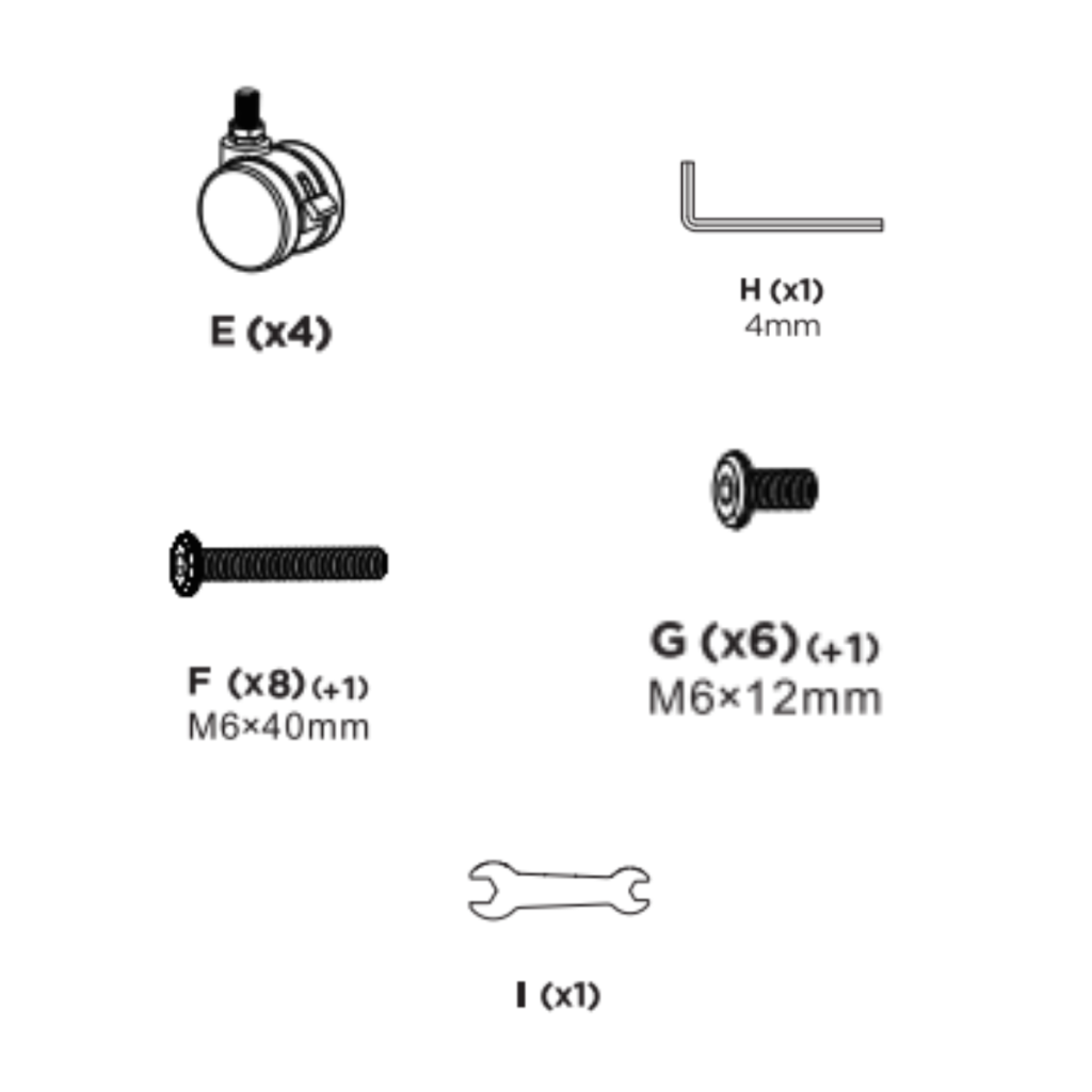 Hardware components including screws, Allen key, wrench, and caster wheels for standing desk assembly.