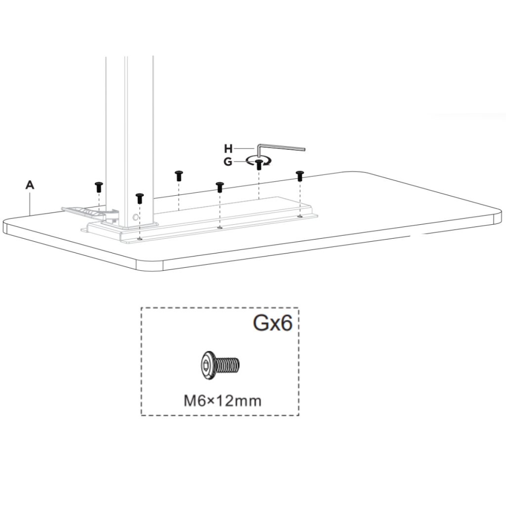 Fastening tabletop to gas lift frame using M6×12mm screws and hex key.