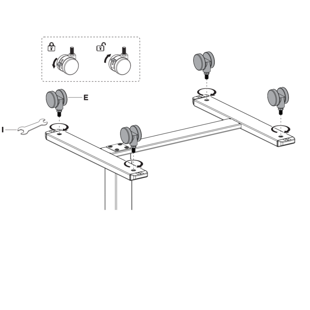 Installing four caster wheels onto base support frame using wrench tool.