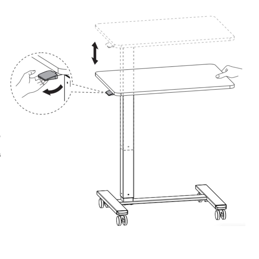 Adjusting desk height using lever handle for smooth pneumatic lift operation.