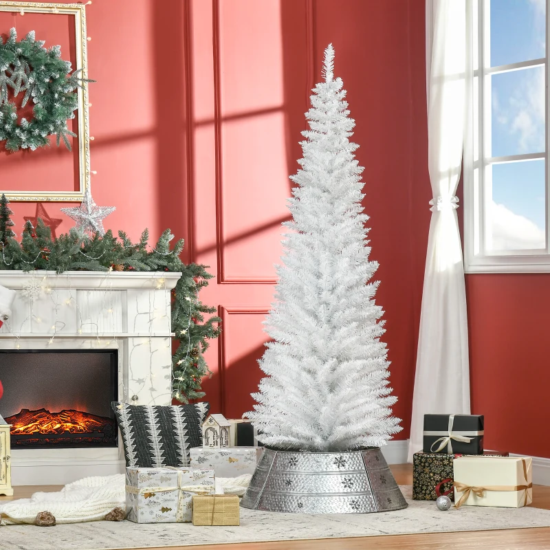 White Christmas tree in red living room with fireplace and gifts