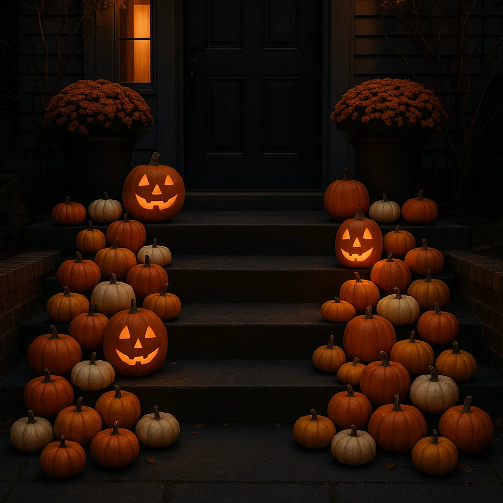 Porch steps lined with glowing jack-o'-lanterns and pumpkins.