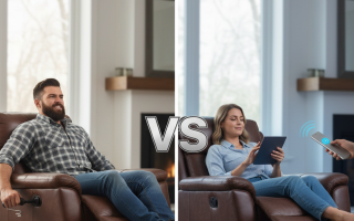 Manual and power recliners compared side by side in cozy living rooms.