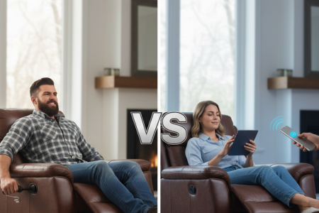 Manual and power recliners compared side by side in cozy living rooms.