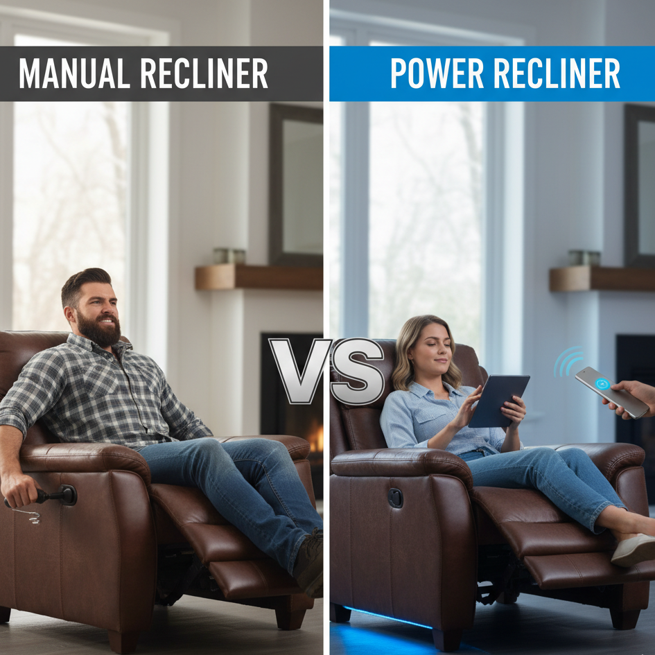 Manual and power recliners compared side by side in cozy living rooms.