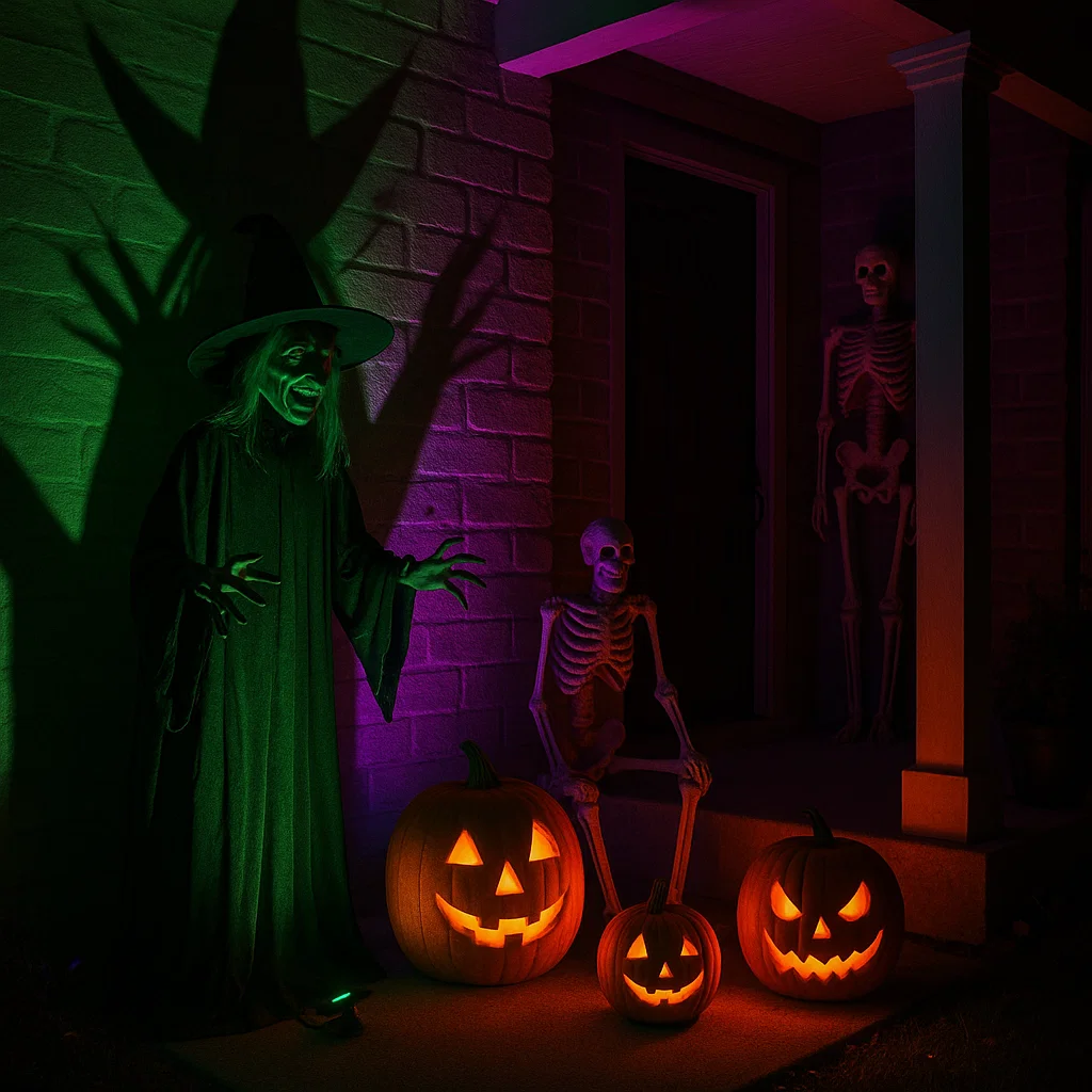 Witch figure, skeletons, and glowing jack-o'-lanterns on porch.