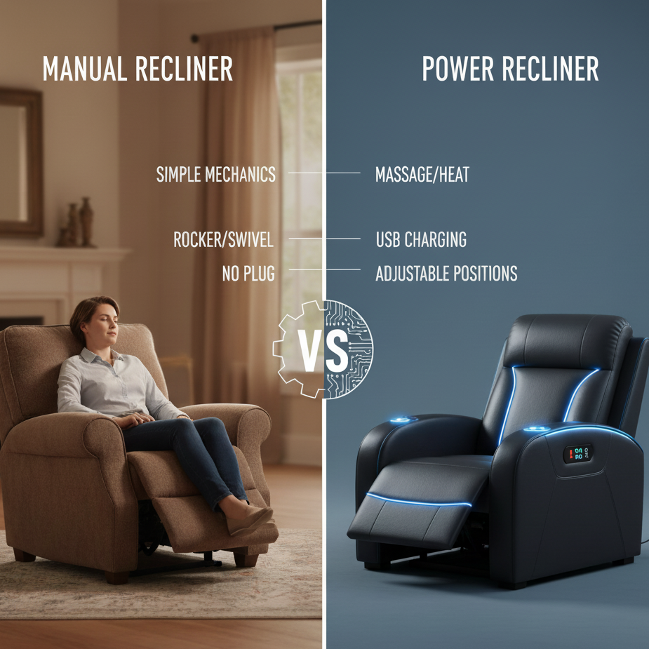 Manual recliner with simple mechanics vs power recliner with massage and USB ports.