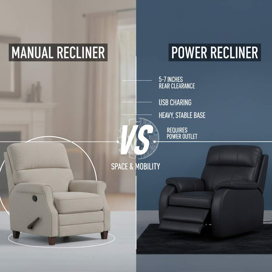 Manual recliner requiring less space vs power recliner with heavy stable base.