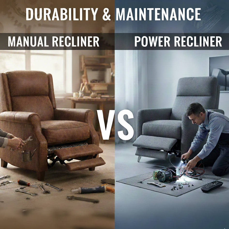 Manual recliner with mechanical parts vs power recliner under repair.