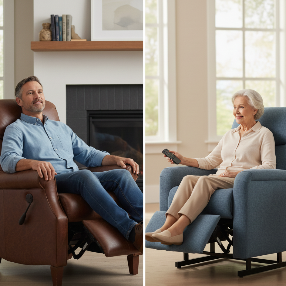 Manual recliner with lever vs power recliner controlled by remote for easy use.