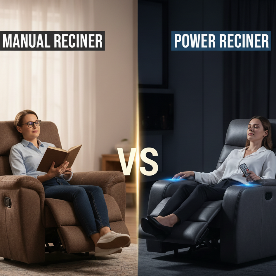 Soft upholstered recliner with linen-touch fabric and high-density foam seat.