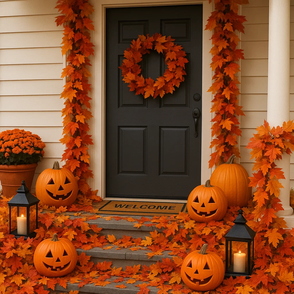 Porch with pumpkins, autumn leaves, wreath, and lanterns.