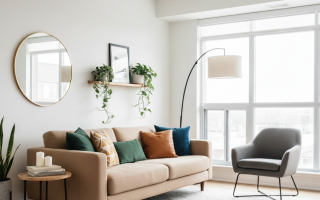 Bright modern living room with neutral sofa, accent pillows, and natural light.