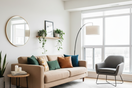 Bright modern living room with neutral sofa, accent pillows, and natural light.