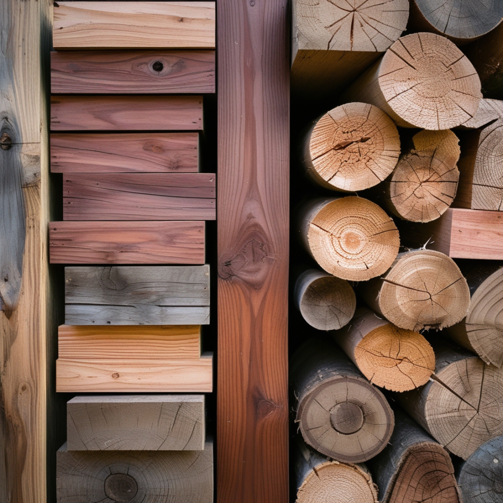 Stacked wooden planks and logs in various sizes